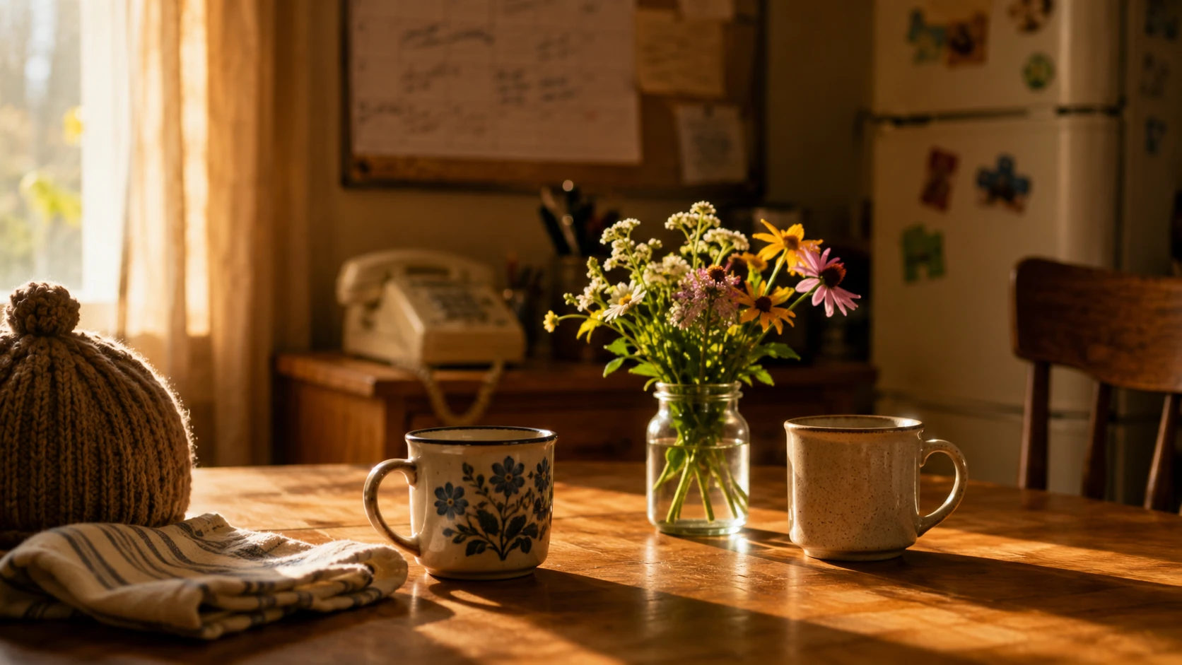 A kitchen table at golden hour with mugs, garden flowers, and a wall-mounted landline — the kind of room MyDailyCheck came out of.