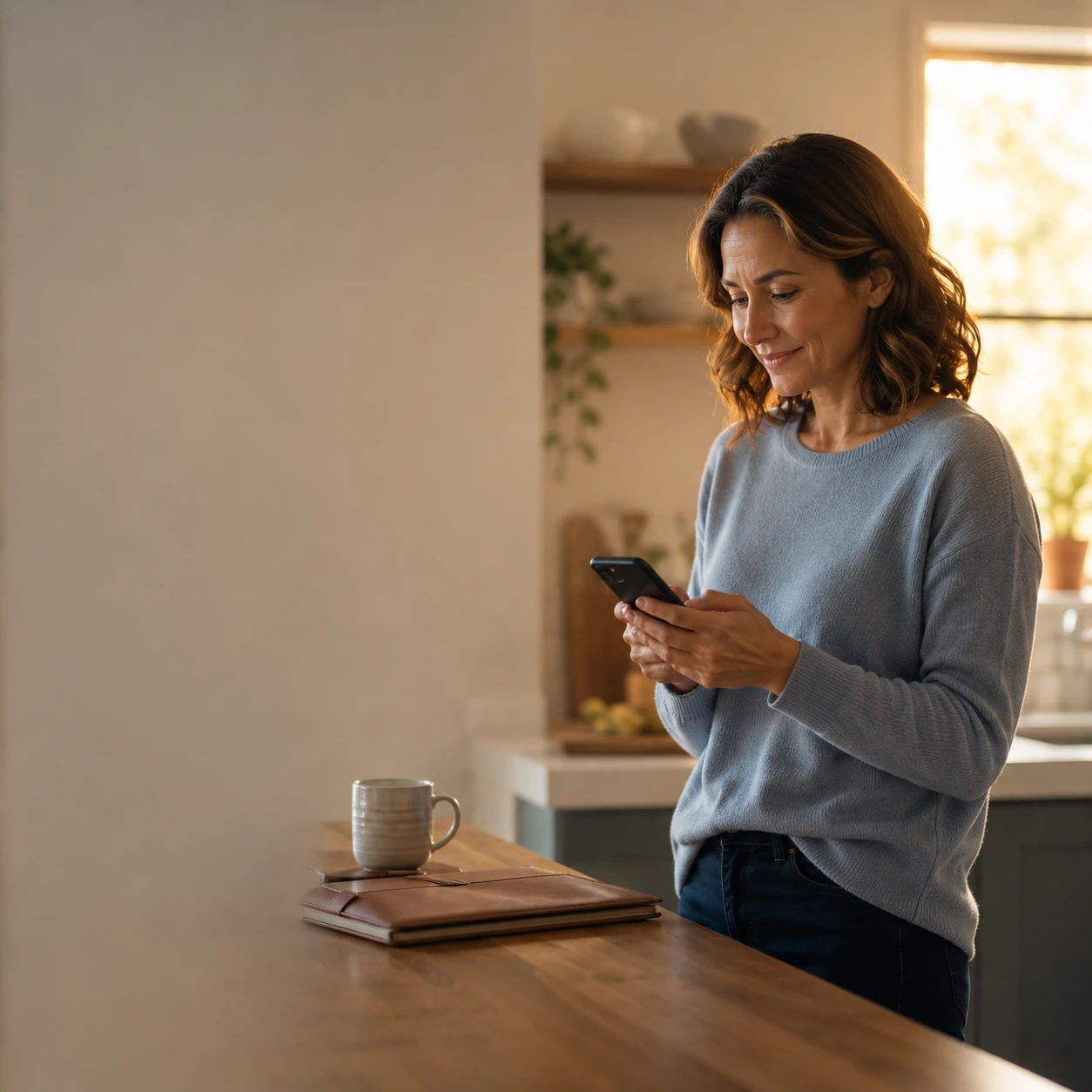 The same woman in warm morning light, glancing at her phone with a small calm smile.