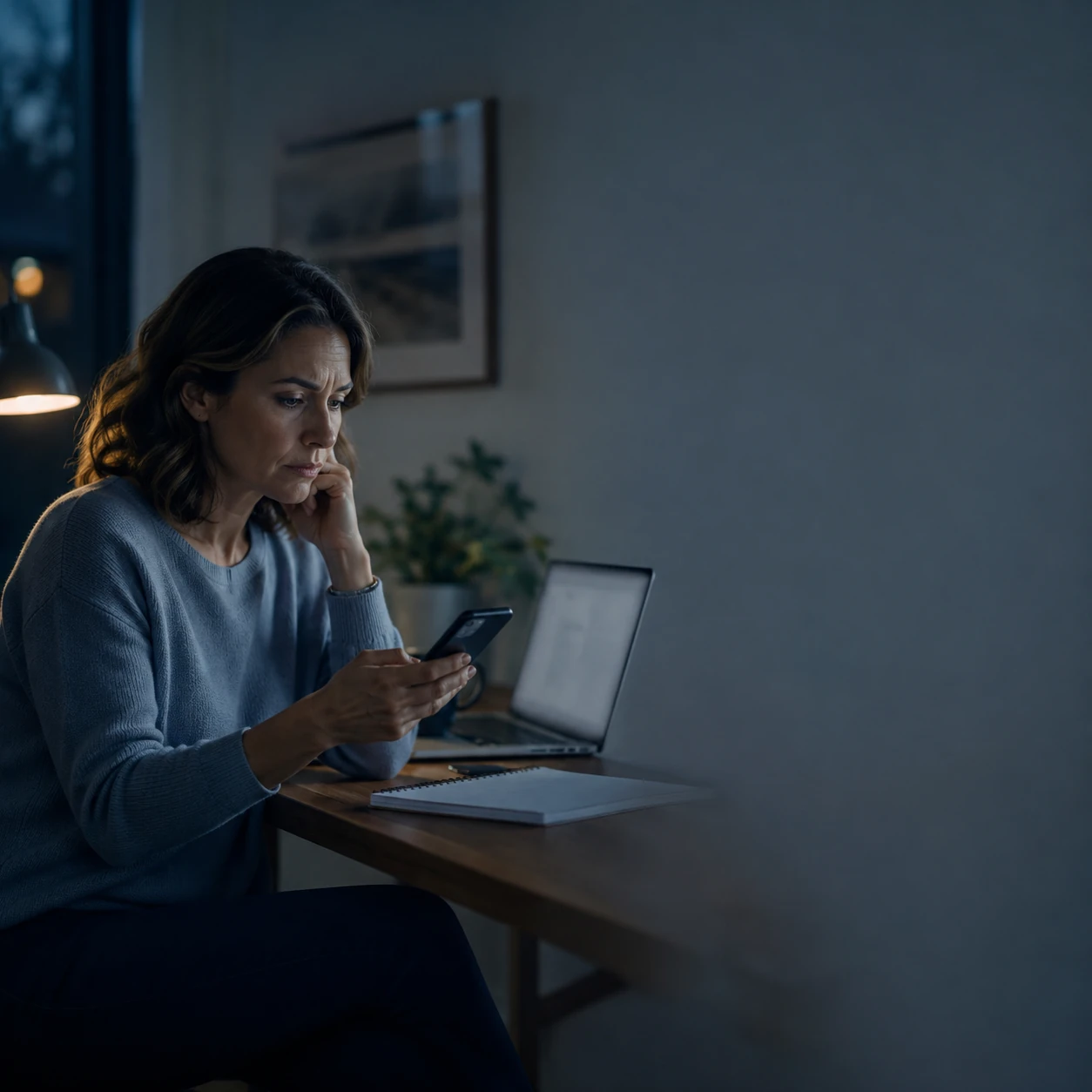 A woman at a dimly lit desk in the evening, phone in hand, quietly worried.
