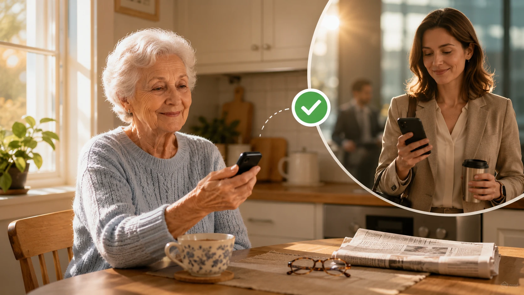 An older adult at her kitchen table after completing her daily check-in