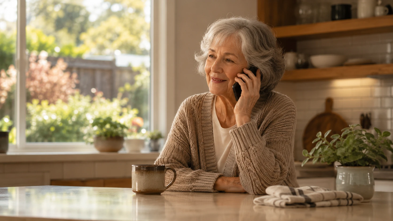 A senior in a warm-lit kitchen on a phone call, smiling — the morning check-in moment.
